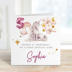 Unicorn 5th Birthday Card for Girls Personalised Five Birthday Keepsake with Balloons Rainbow Name Gift for Daughter Niece Granddaughter