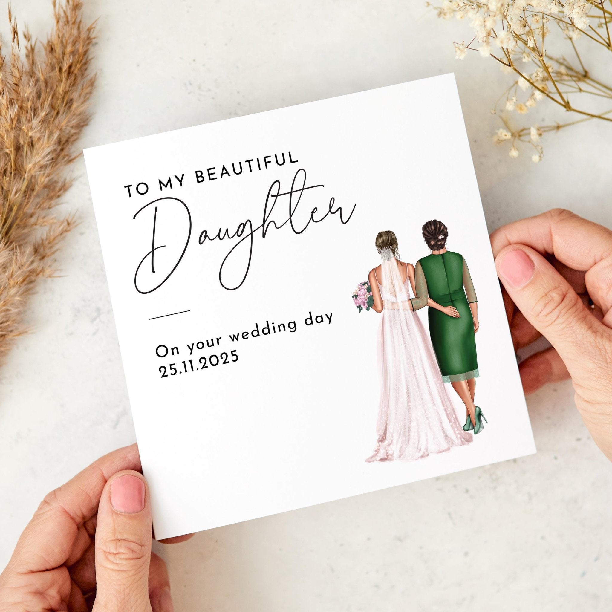 Wedding Day Card for Daughter Beautiful Bride and Mum Illustration Thoughtful Sentimental Keepsake from Mother on Her Special Day with Date