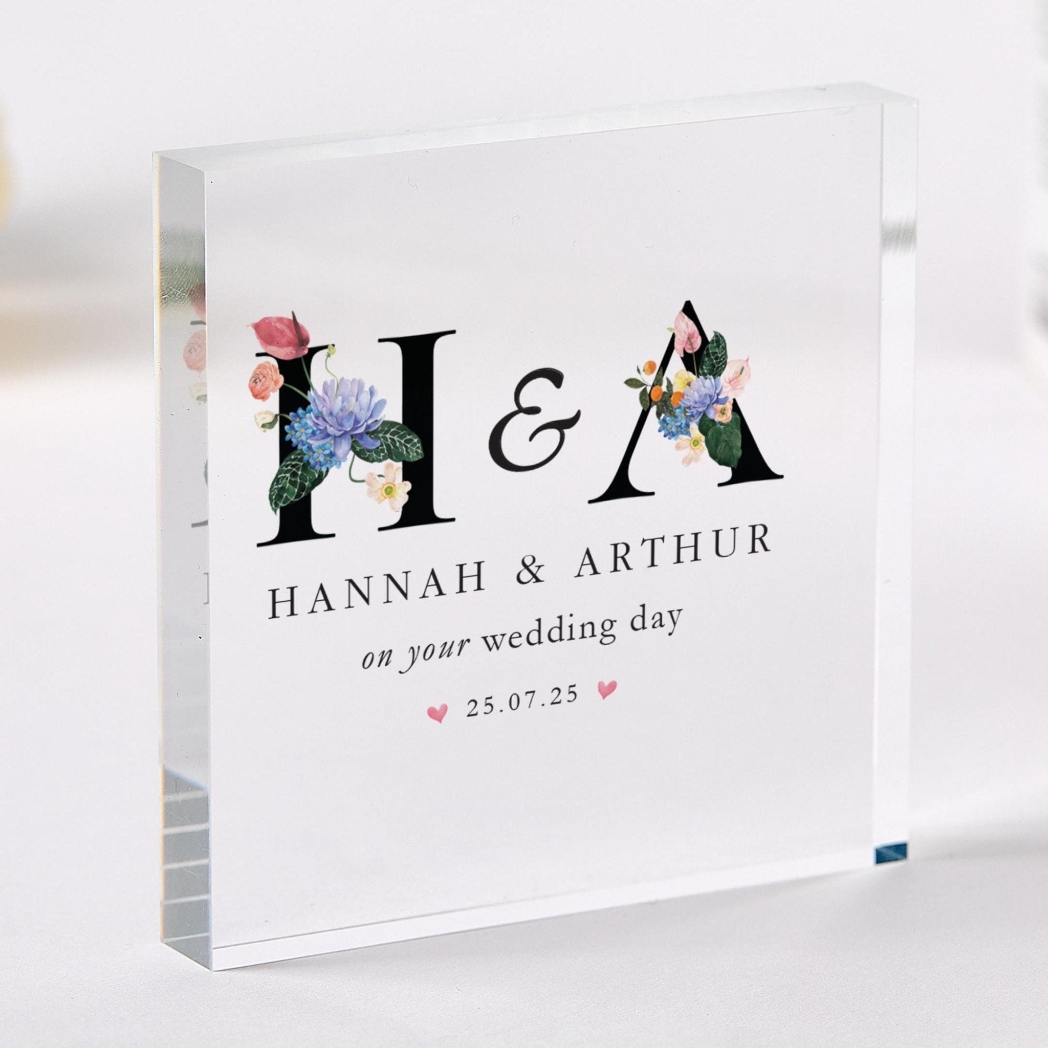 Wedding Day gift with Names Acrylic Plaque Custom Initials & Date Keepsake Elegant Floral Gift for Couple Wedding Present