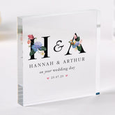 Wedding Day gift with Names Acrylic Plaque Custom Initials & Date Keepsake Elegant Floral Gift for Couple Wedding Present