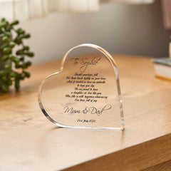 Wedding Gift for Daughter - in - Law Heart Keepsake from Parents - in - Law Sentimental Bride Gift Wedding Day Present for Her Acrylic Plaque