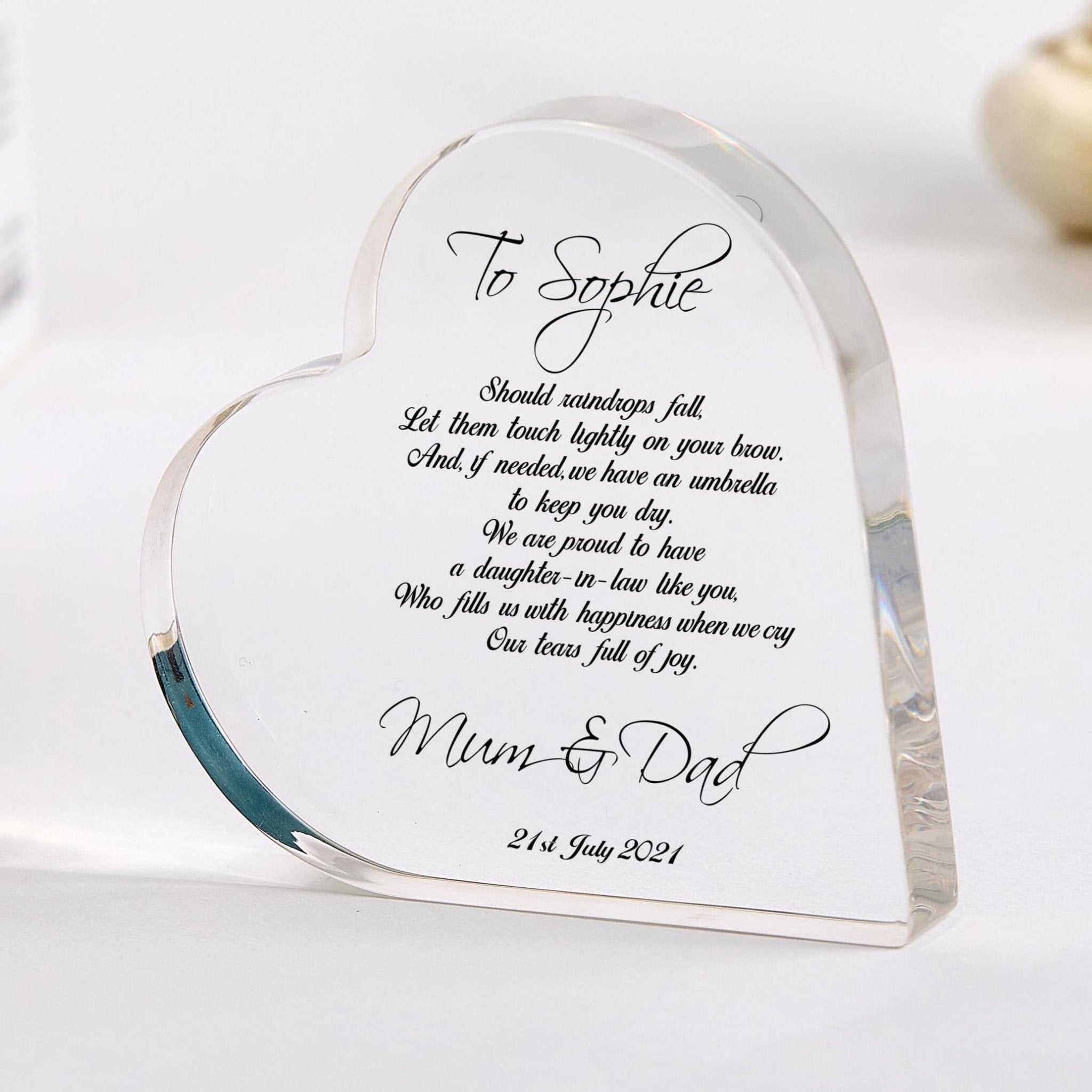 Wedding Gift for Daughter - in - Law Heart Keepsake from Parents - in - Law Sentimental Bride Gift Wedding Day Present for Her Acrylic Plaque