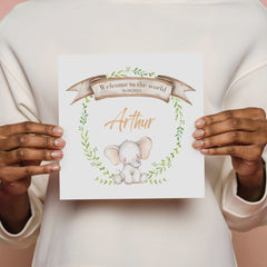 Welcome To The World Greeting Card New Baby Card With Cute Elephant Personalised With Babys Name And Date Baby Boy Girl New Born New Mum Dad