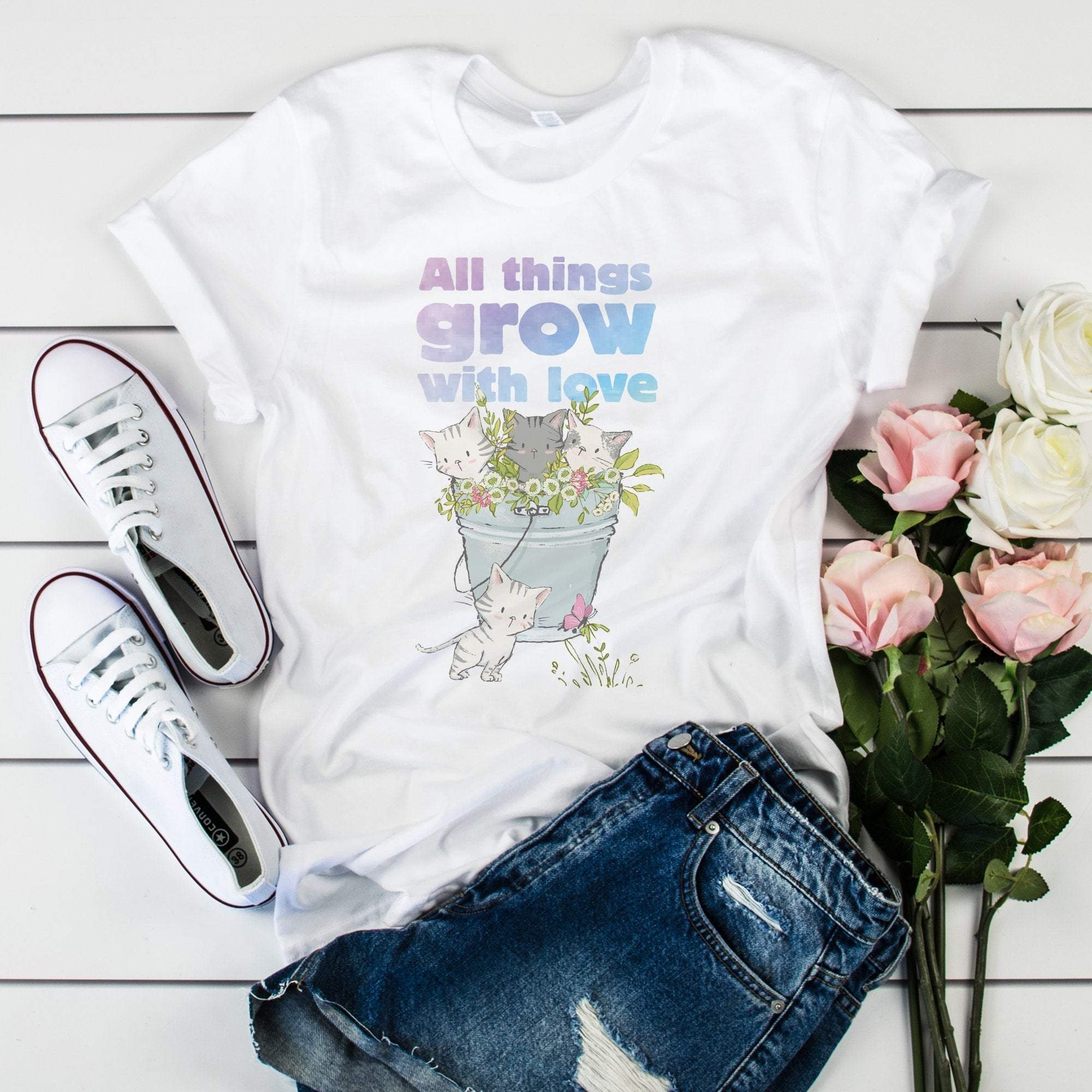 All things grow with love t-shirt, Gift for women, kitten spring tshirt, Nature Tee, Catlover gift