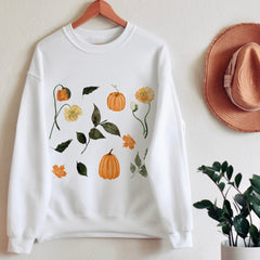 Autumn Flowers And Pumpkins Sweatshirt, Gift For Her Women Trendy Jumper Autumn Concept Wild Meadow Nature