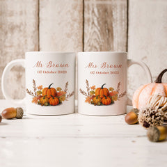 Autumn Wedding Mr And Mrs Mug With Name And Date, Pumpkin Mug, Christmas Valentine's Day Gift Newlywed