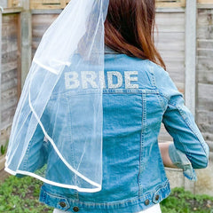 Bride denim jacket with sparkly rhinestone letters, Bridal Shower Engagement Gift, Mrs Wedding jacket