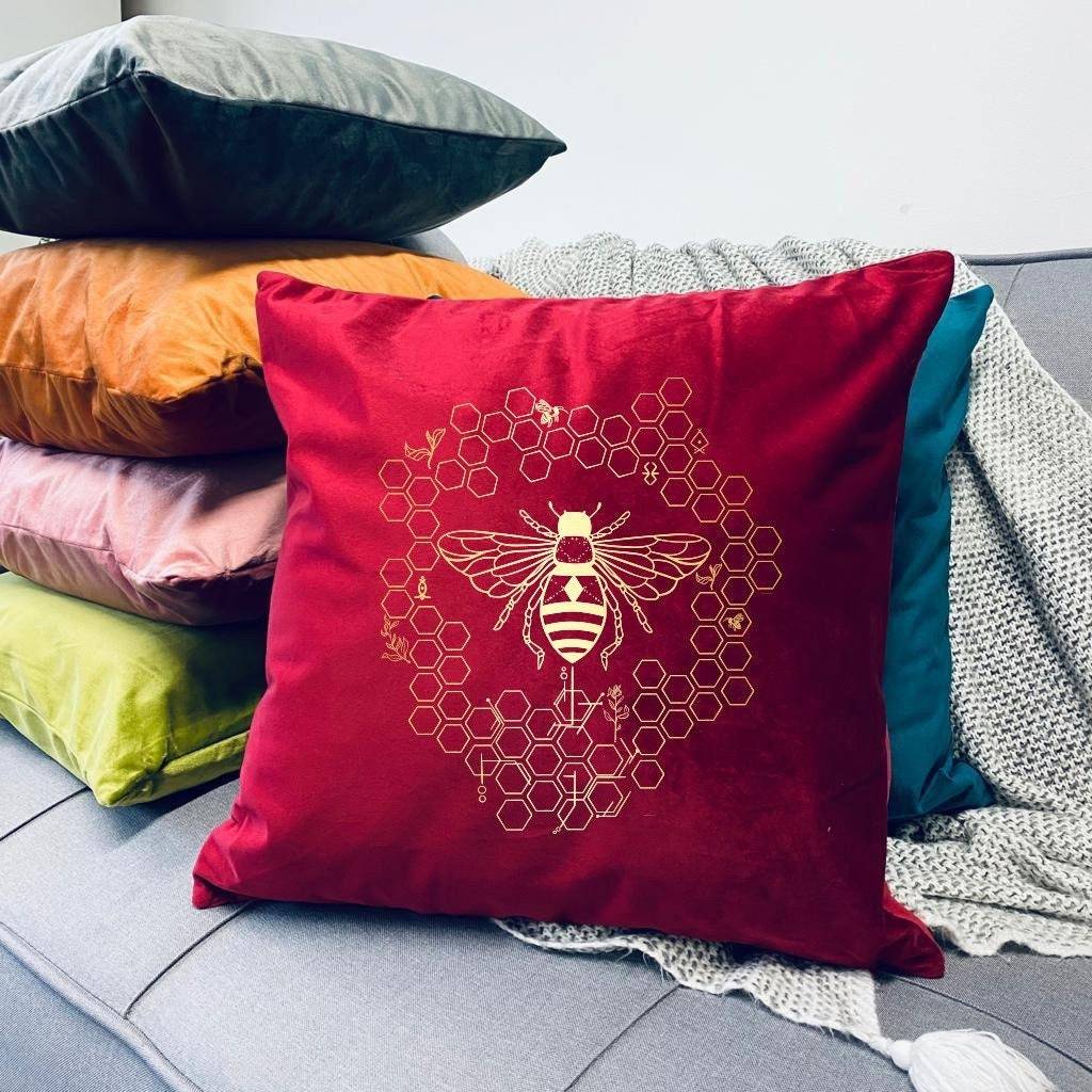Bumble Bee Velvet Cushion , Gold foil print, Housewarming, Christmas gift for her