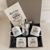Campervan Enamel Camp Mug SET with coffee maker coaster, Personalised motorhome Gift