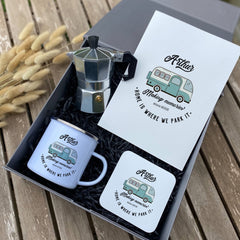 Campervan Enamel Camp Mug SET with coffee maker coaster, Personalised motorhome Gift