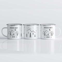 Campervan Enamel Camping Mug, Personalised Nature Camp Mug With Tent And Mountains