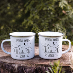 Campervan Enamel Camping Mug, Personalised Nature Camp Mug With Tent And Mountains