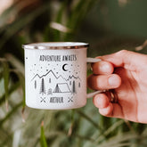 Campervan Enamel Camping Mug, Personalised Nature Camp Mug With Tent And Mountains