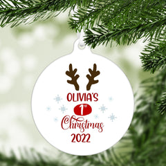 Children's Personalised Christmas Tree Ornament with Name, Flat Metal Bauble, Baby Kids First Xmas Keepsake