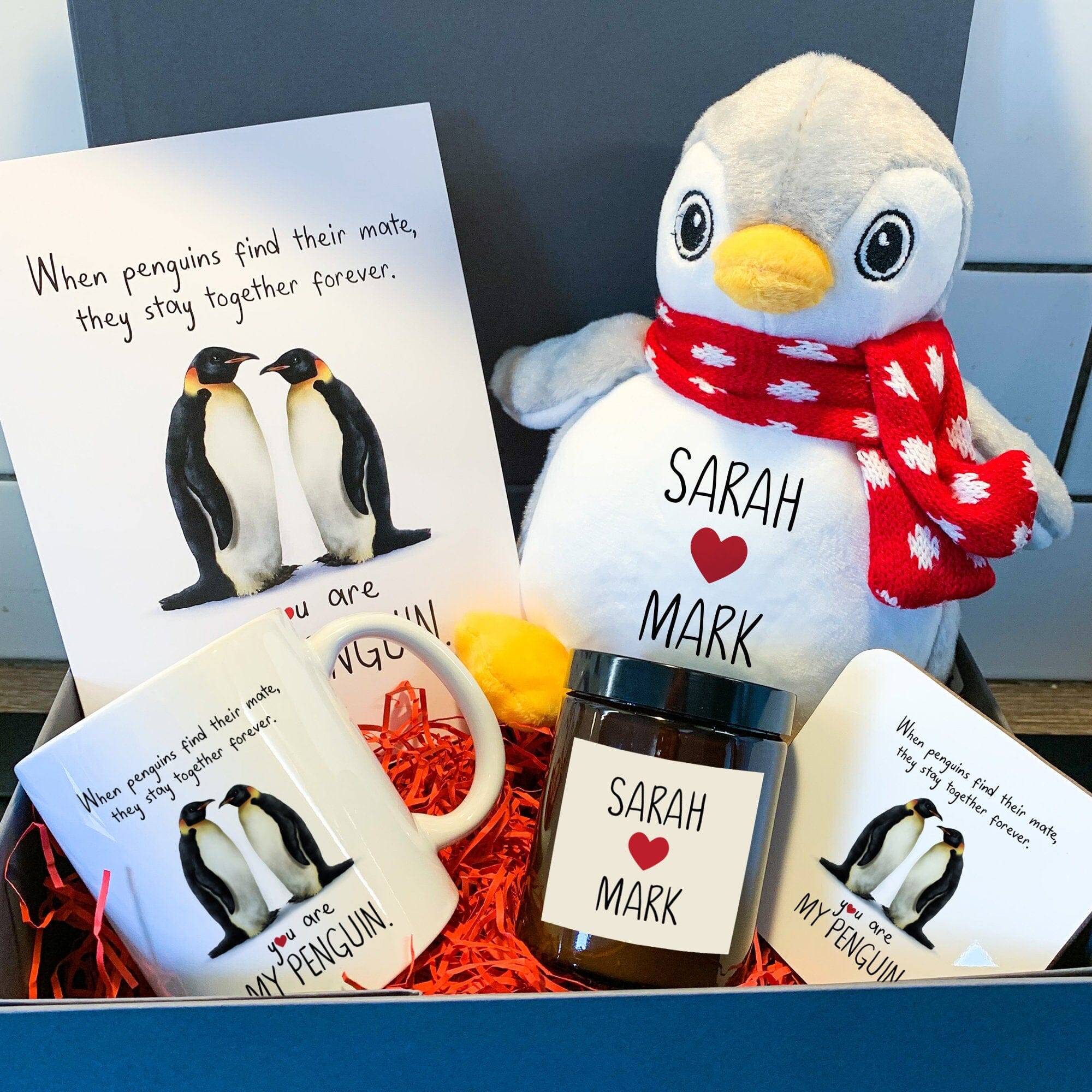 Couple gift set Personalised Romantic Valentine's Day gift with names Love card mug candle coaster toy