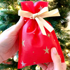 Drawstring red non woven gift bag with gold and silver stars, Durable and Re - usable