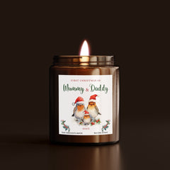 First Christmas as Mummy Daddy Candle, New Mum Dad Christmas Gift, Robin Family with Santa Hat