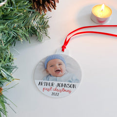 First Christmas Ornament with Photo, Flat Metal Bauble, Baby Kids First Xmas Keepsake With Name