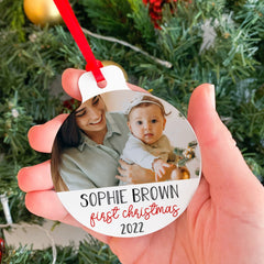 First Christmas Ornament with Photo, Flat Metal Bauble, Baby Kids First Xmas Keepsake With Name