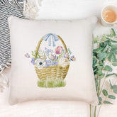 Flower basket cushion, Easter decor, Spring concept decoration, Bunny, flowers basket, Happy Easter pillow cover