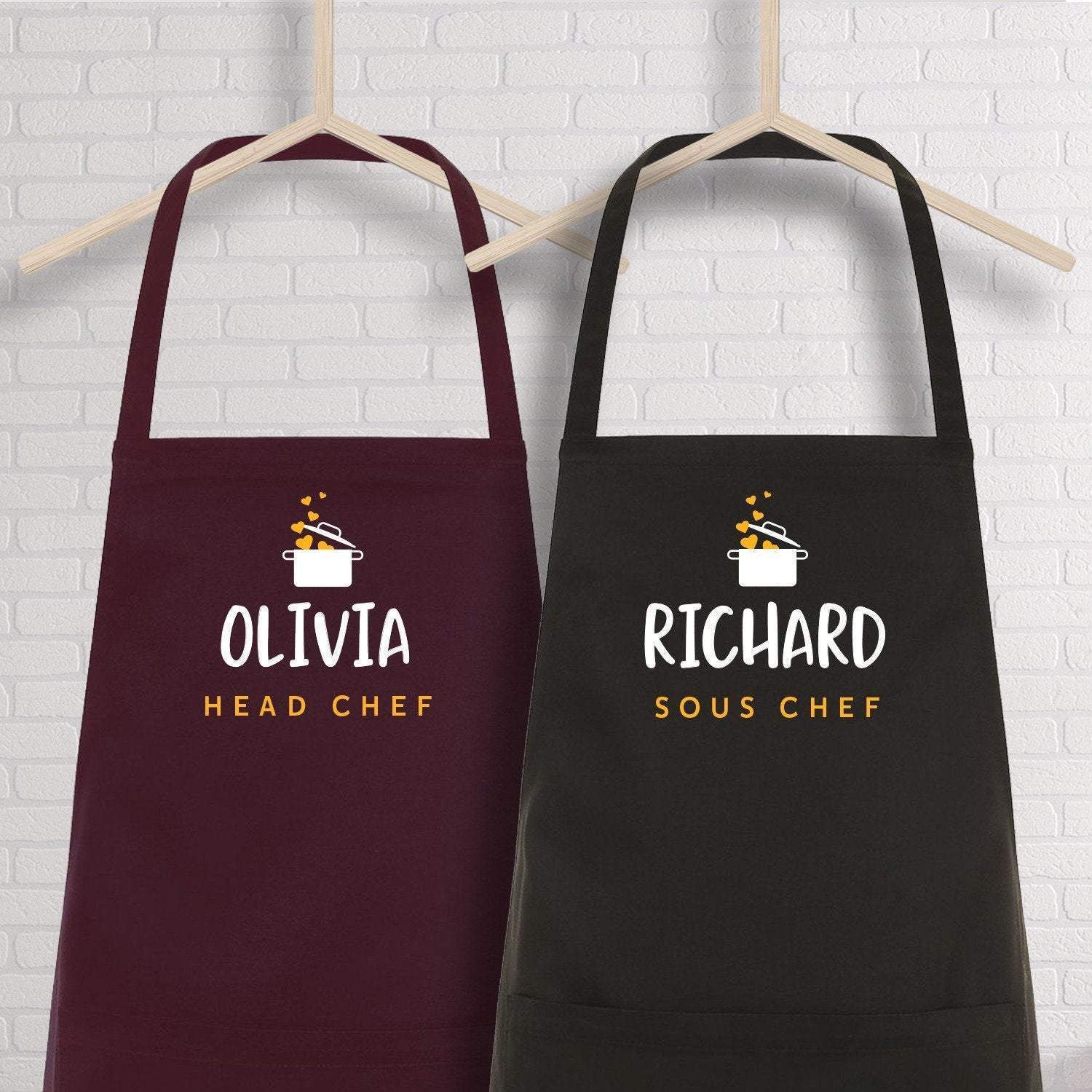 Head chef and Sous chef aprons with name, SET OF 2, Valentine's Day gift, Housewarming GIft