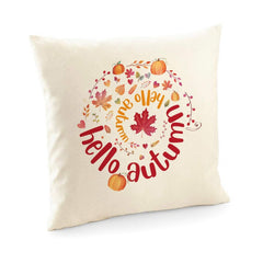Hello Autumn cushion cover with autumn leaves and pumpkins
