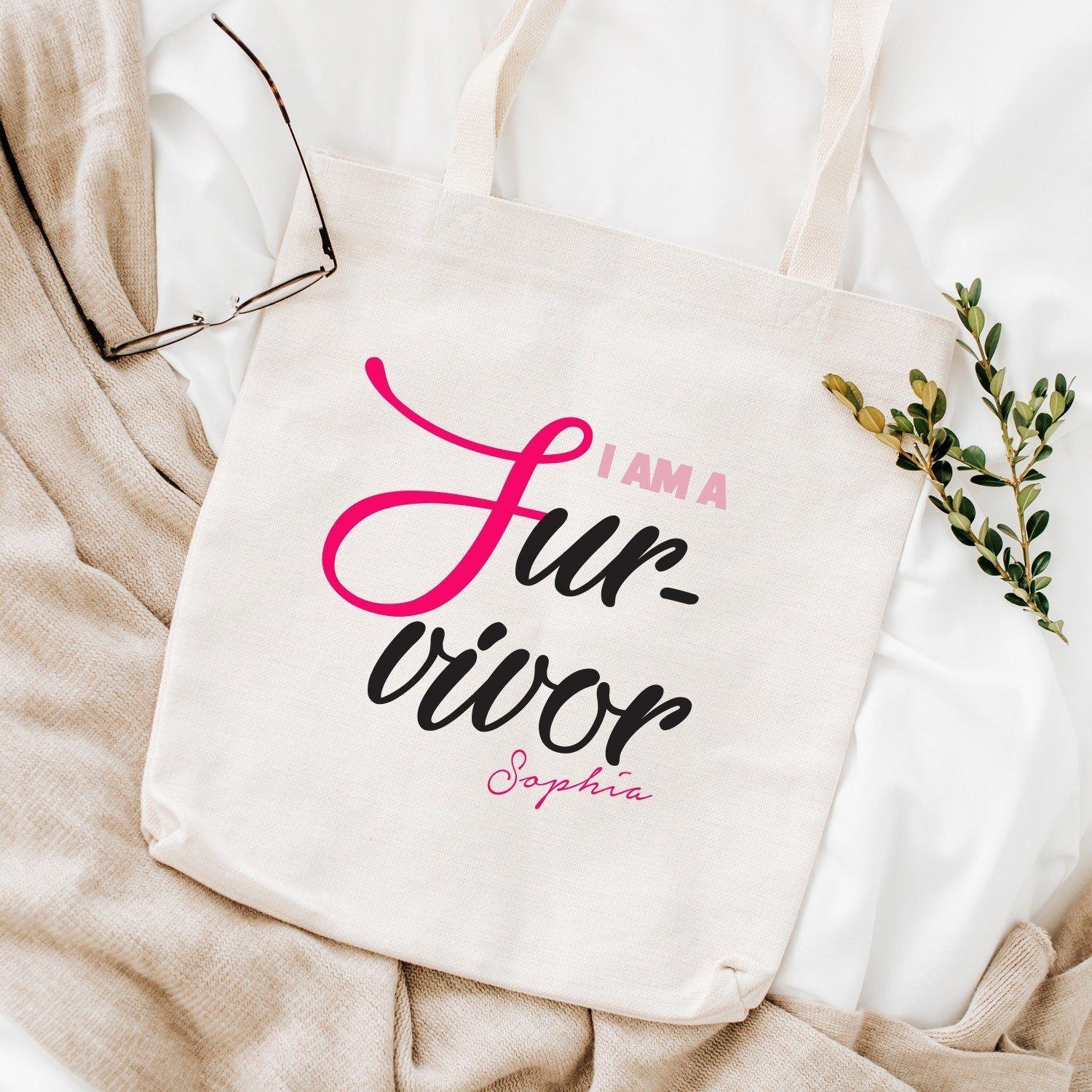 I am a survivor tote bag, Gift for cancer survivor with name, Survivor party gift