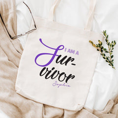 I am a survivor tote bag, Gift for cancer survivor with name, Survivor party gift