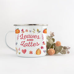 Leaves & Lattes enamel Mug, Autumn lover, Fall coffee mug, Cosy decorations, Camping Mug