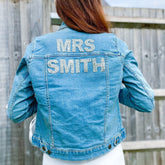 Mrs denim jacket with sparkly rhinestone letters with last name, Bridal Shower Engagement Gift, Bride to be