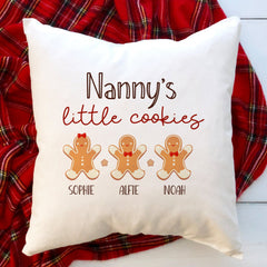 Nannys Little Cookies Cushion With Grandchildren'S Names, Personalised Christmas Gift For A Nanny From Grandkids