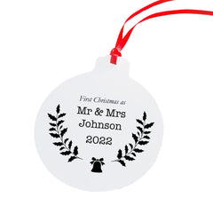 Our First Christmas As Mr And Mrs Christmas Ornament, Personalised Xmas Decor With Flowers