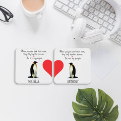 Penguin Valentines Coaster, SET of 2, Personalised Romantic Valentine's Day gift with names