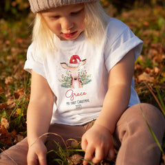 Personalised 1st Christmas kids name t-shirt and bodysuit, Animals First Xmas boy girl top