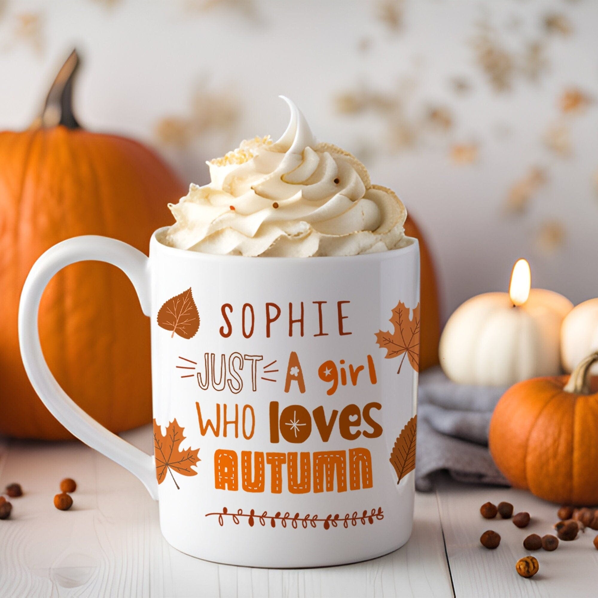 Personalised Autumn Mug With Name, Autumn Lover Birthday Gift, Pumpkin Decor Fall Coffee Cosy