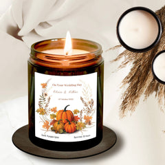 Personalised Autumn Wedding Gift Soy Wax Scented Candle, With date names, Mr Mrs On Your Wedding Day