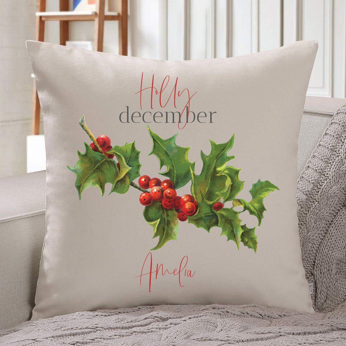 Personalised birth flower cushion, December birth flower holly, Floral design birthday