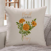 Personalised birth flower cushion, October birth flower marigold, Floral design birthday gift