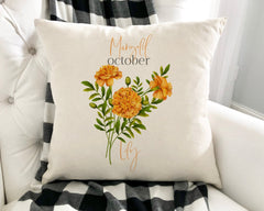 Personalised birth flower cushion, October birth flower marigold, Floral design birthday gift