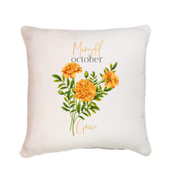 Personalised birth flower cushion, October birth flower marigold, Floral design birthday gift