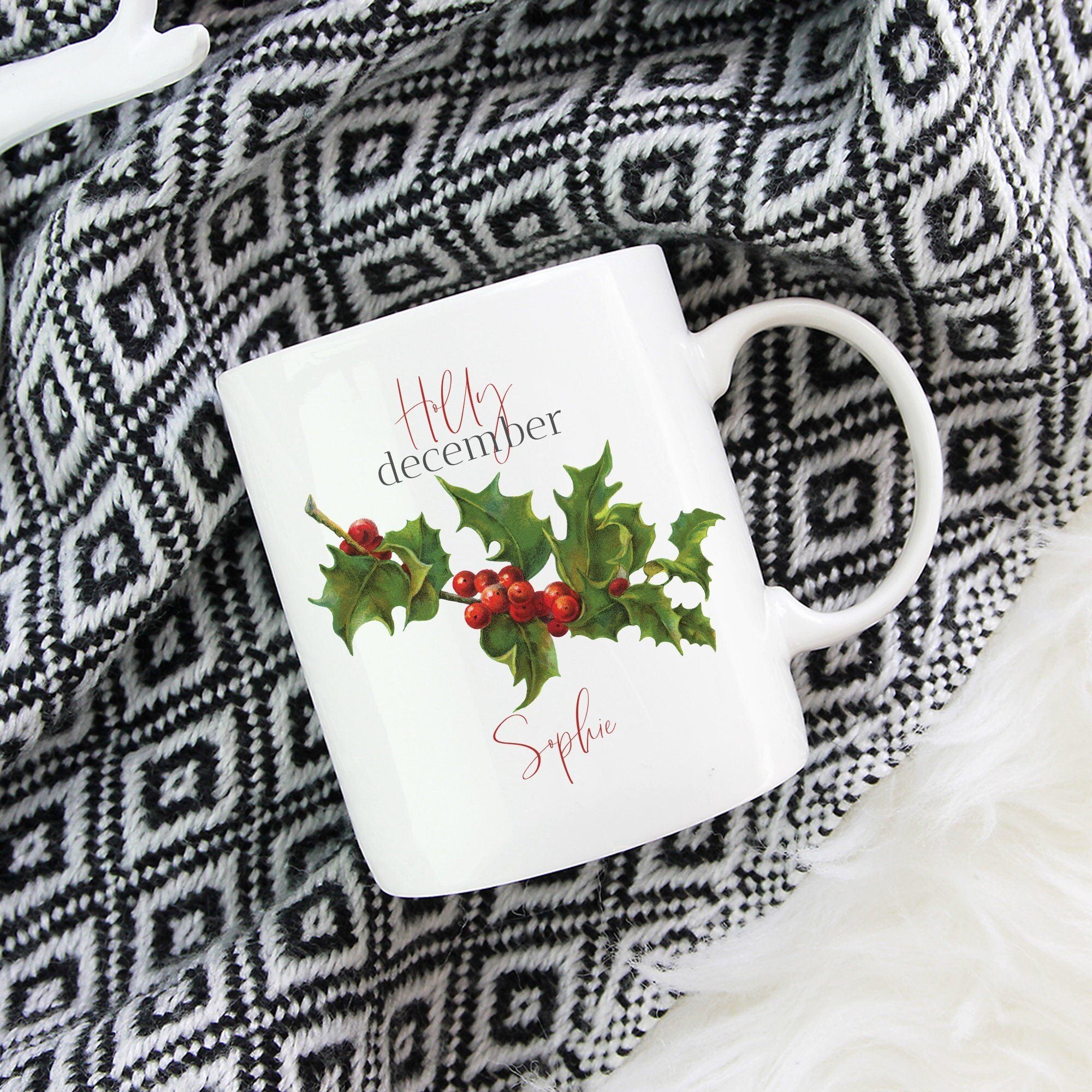 Personalised birth flower mug, December birth flower holly, Floral design birthday gift