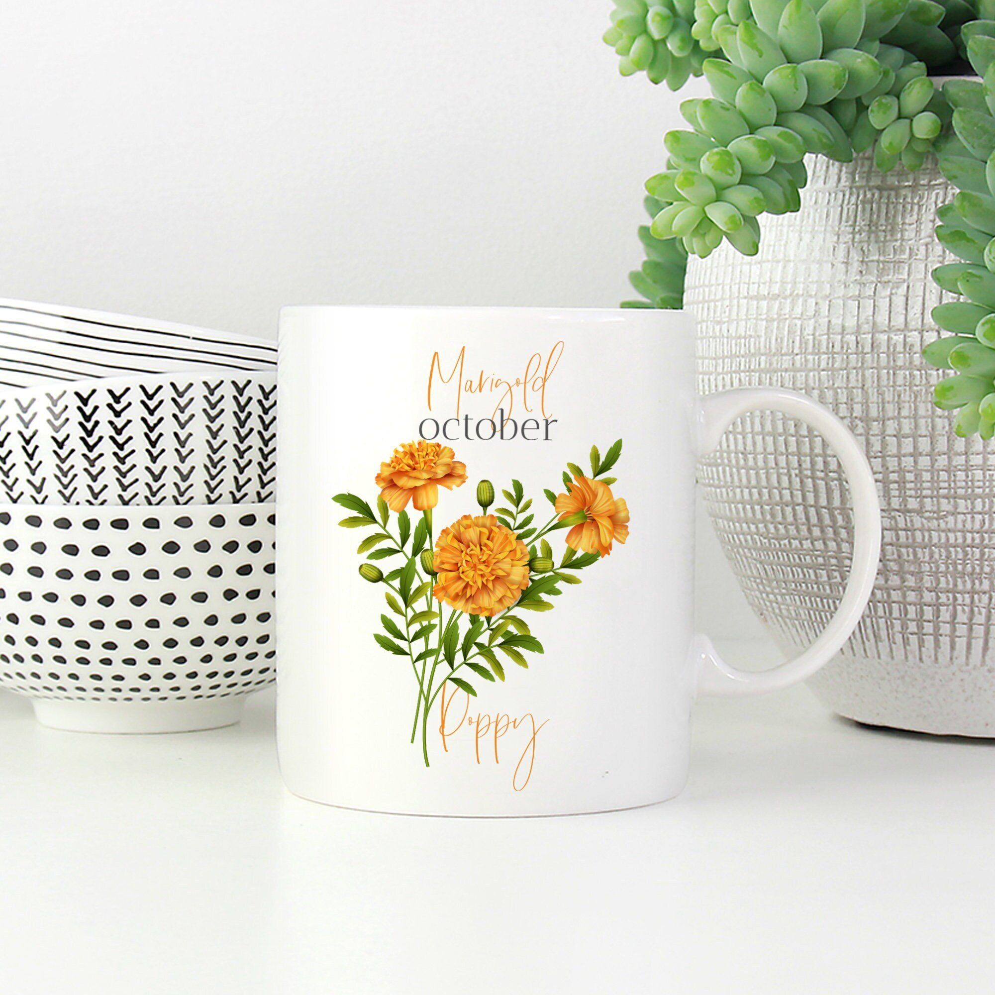 Personalised birth flower mug, October birth flower marigold, Floral design birthday gift