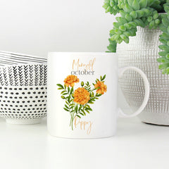 Personalised birth flower mug, October birth flower marigold, Floral design birthday gift