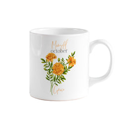 Personalised birth flower mug, October birth flower marigold, Floral design birthday gift