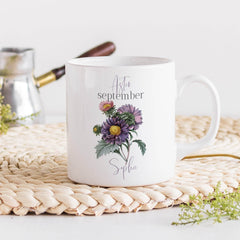 Personalised birth flower mug, September birth flower aster, Floral design birthday gift