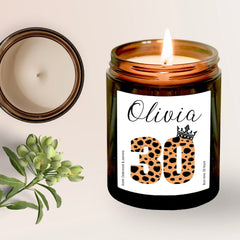 Personalised Birthday Candle with Name and Age, Leopard Pattern and Crown Design, Happy Birthday Gift for Her Him