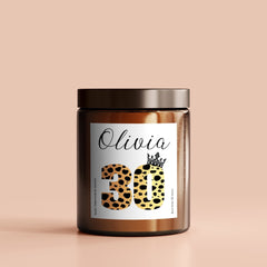 Personalised Birthday Candle with Name and Age, Leopard Pattern and Crown Design, Happy Birthday Gift for Her Him