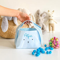 Personalised Bunny Easter basket with long ears, Pink or blue cotton egg hunt bag, Easter decoration