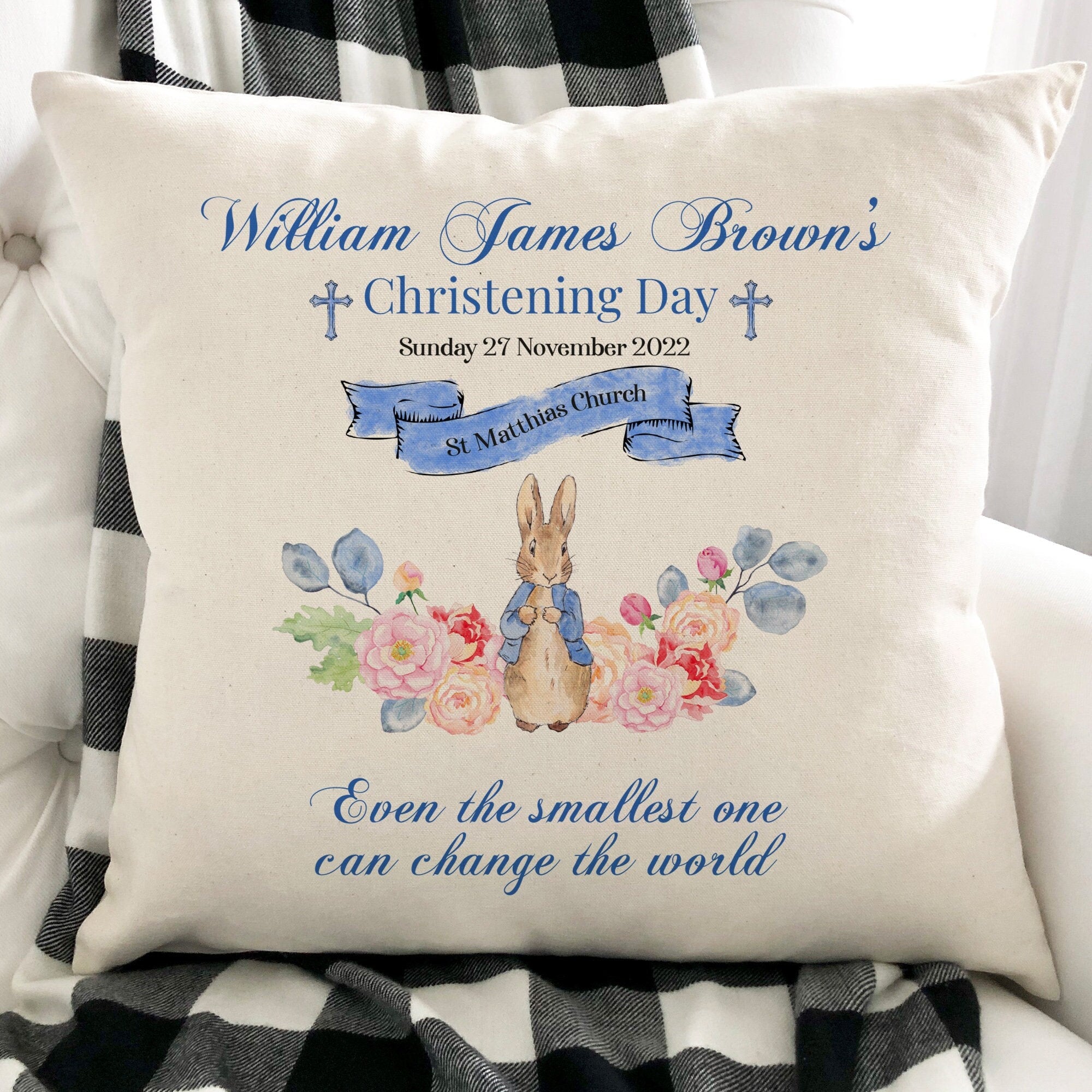 Personalised Christening Cushion With Name And Church, Pink Or Blue, Baptism Decoration