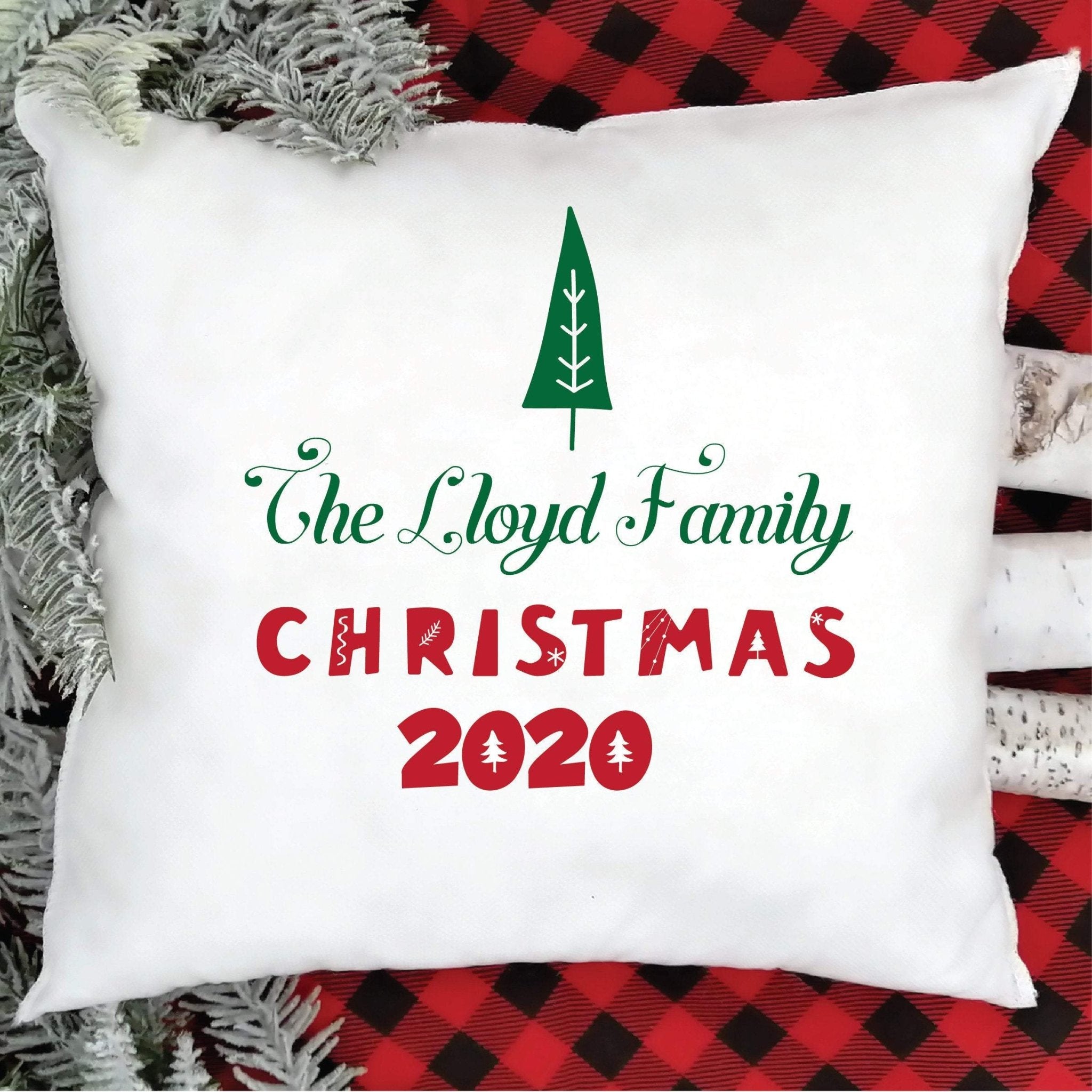 Personalised Christmas cushion cover with the family name, Xmas 2020 decorations